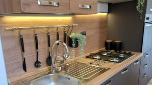 Uma cozinha moderna com uma pia de aço inoxidável, fogão a gás e armários de madeira.