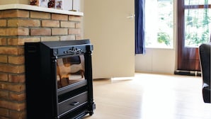 Una chimenea con revestimiento de ladrillo, repisa de madera y puerta de cristal.