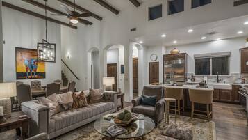 Smart TV, fireplace, books