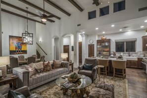 Smart TV, fireplace, books