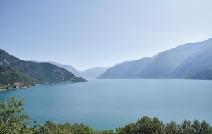 A serene lake surrounded by mountains.
