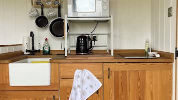 Fridge, microwave, electric kettle, toaster