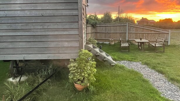 Une structure en bois dotée d’une fenêtre, d’une petite plante en pot et d’une terrasse en bois avec des bancs.