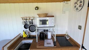 Fridge, microwave, electric kettle, toaster