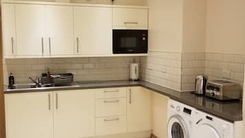 Fridge, microwave, electric kettle, toaster