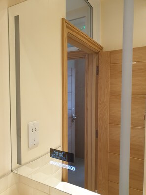 A bathroom with a mirror, a sink, and a wooden door.