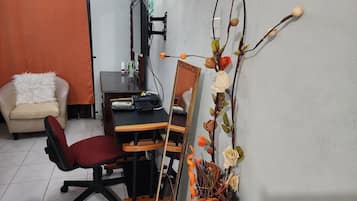1 bedroom, desk, laptop workspace, blackout curtains