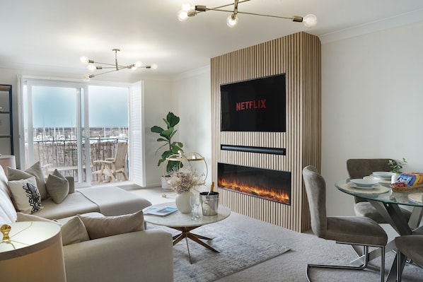 Smart TV, fireplace, books, stereo