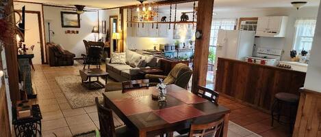 Smart TV, fireplace, books