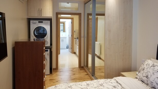 A modern bedroom with a bed, a wooden wardrobe, a washing machine, and a glass door leading to a bathroom.