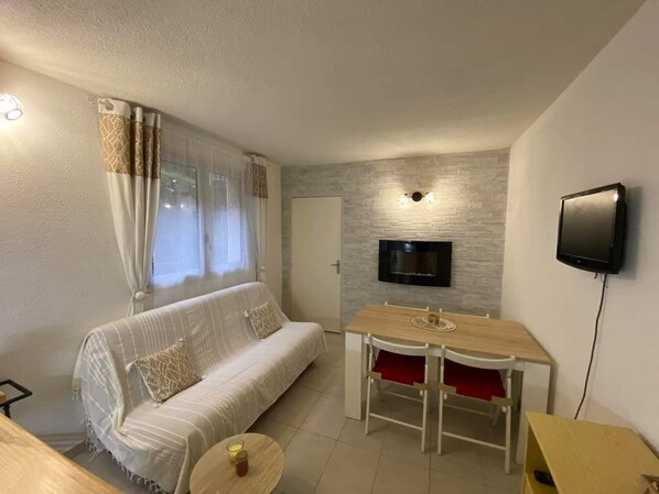 Télévision, cheminée, médiathèque, chaîne hi-fi