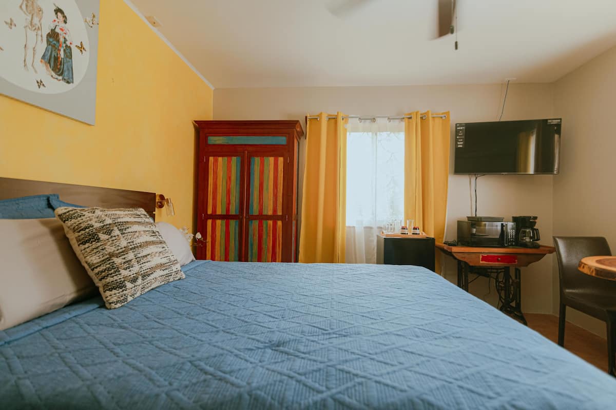 Una habitación de hotel con cama, televisor, escritorio y una silla, además de un microondas.