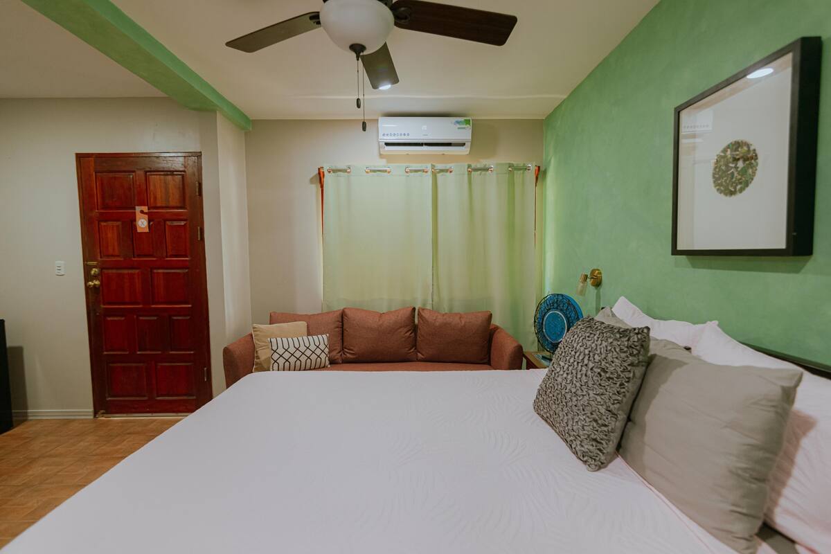 Un dormitorio con una cama, ventilador de techo, una puerta roja, pared verde y un cuadro enmarcado.