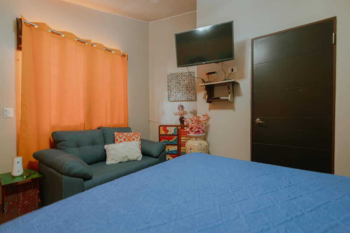 Un dormitorio con cama, sofá, televisor, puerta y estante fijado a la pared.