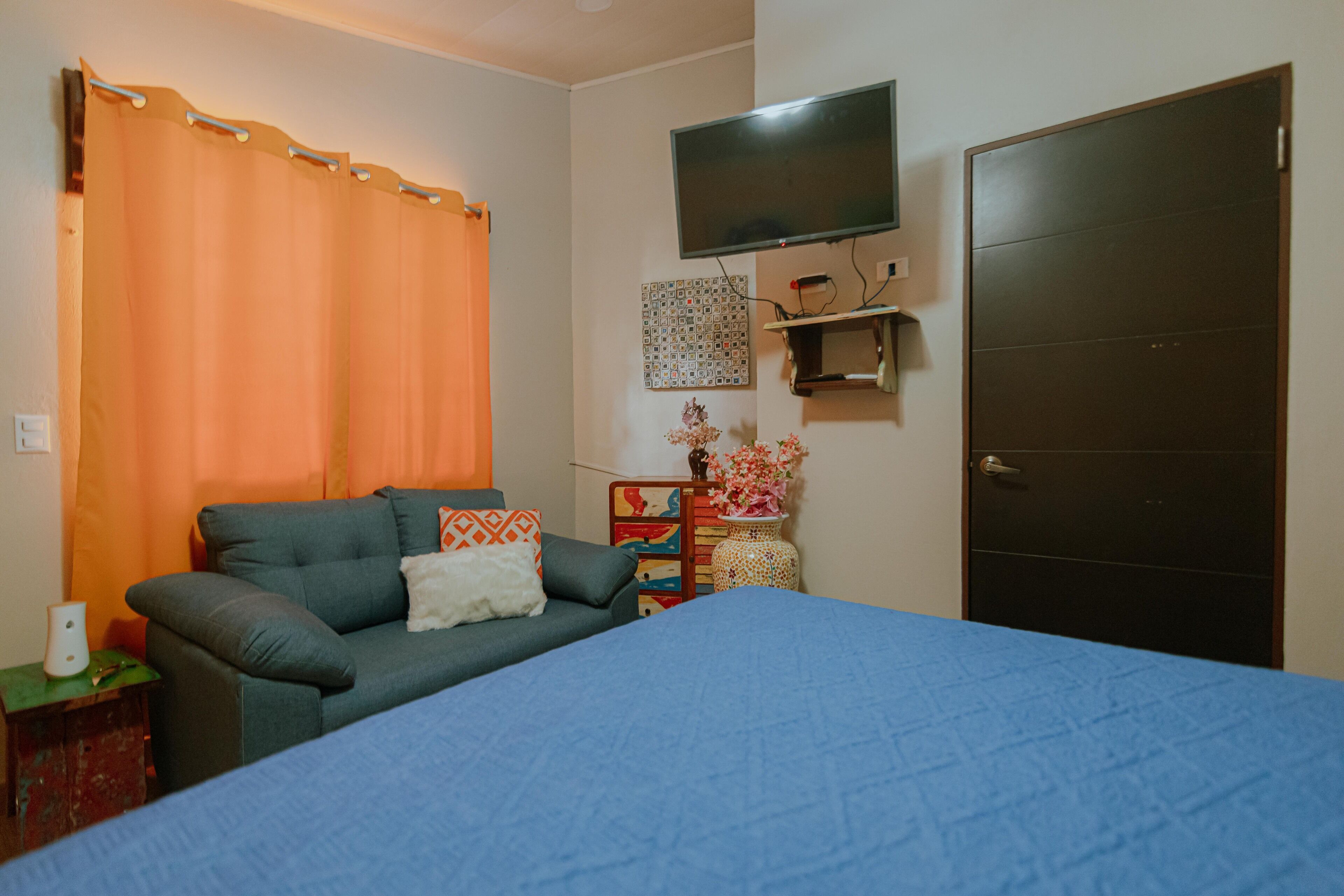 A bedroom with a bed, a sofa, a TV, a door, and a wall-mounted shelf.