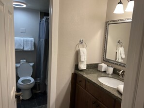 A bathroom with a toilet, sink, and mirror. - Hidden creek at Canyons Ski Resort (Park City)
