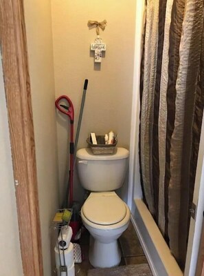 Shower, towels, soap, toilet paper