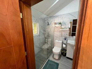 Shower, hair dryer, towels, soap