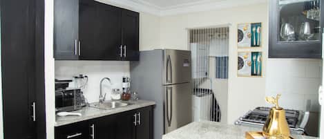 Fridge, microwave, toaster, blender