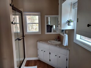 Douche, séchoir à cheveux, serviettes fournies, savon