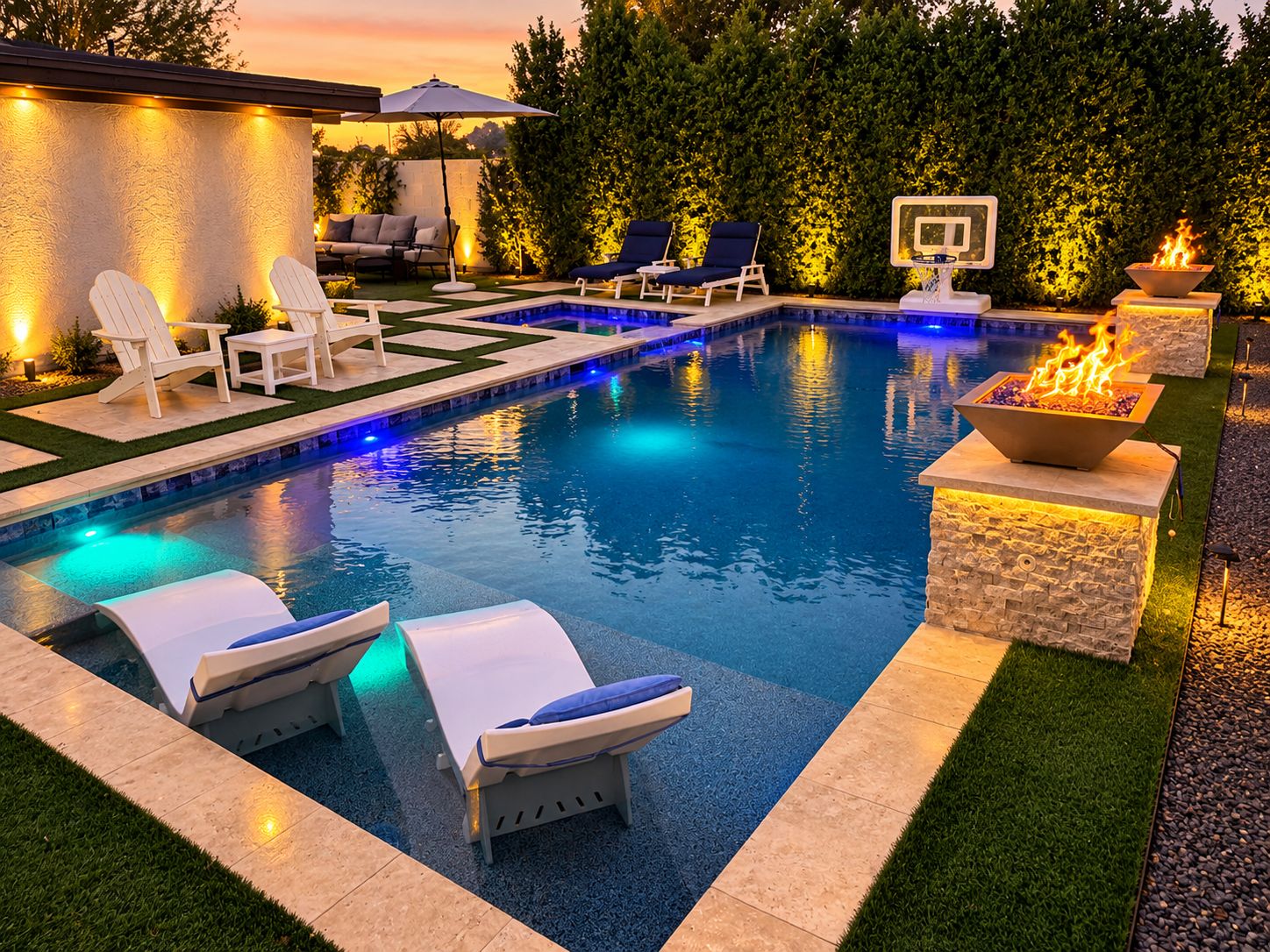 A swimming pool with lounge chairs, a basketball hoop, and a fire feature.
