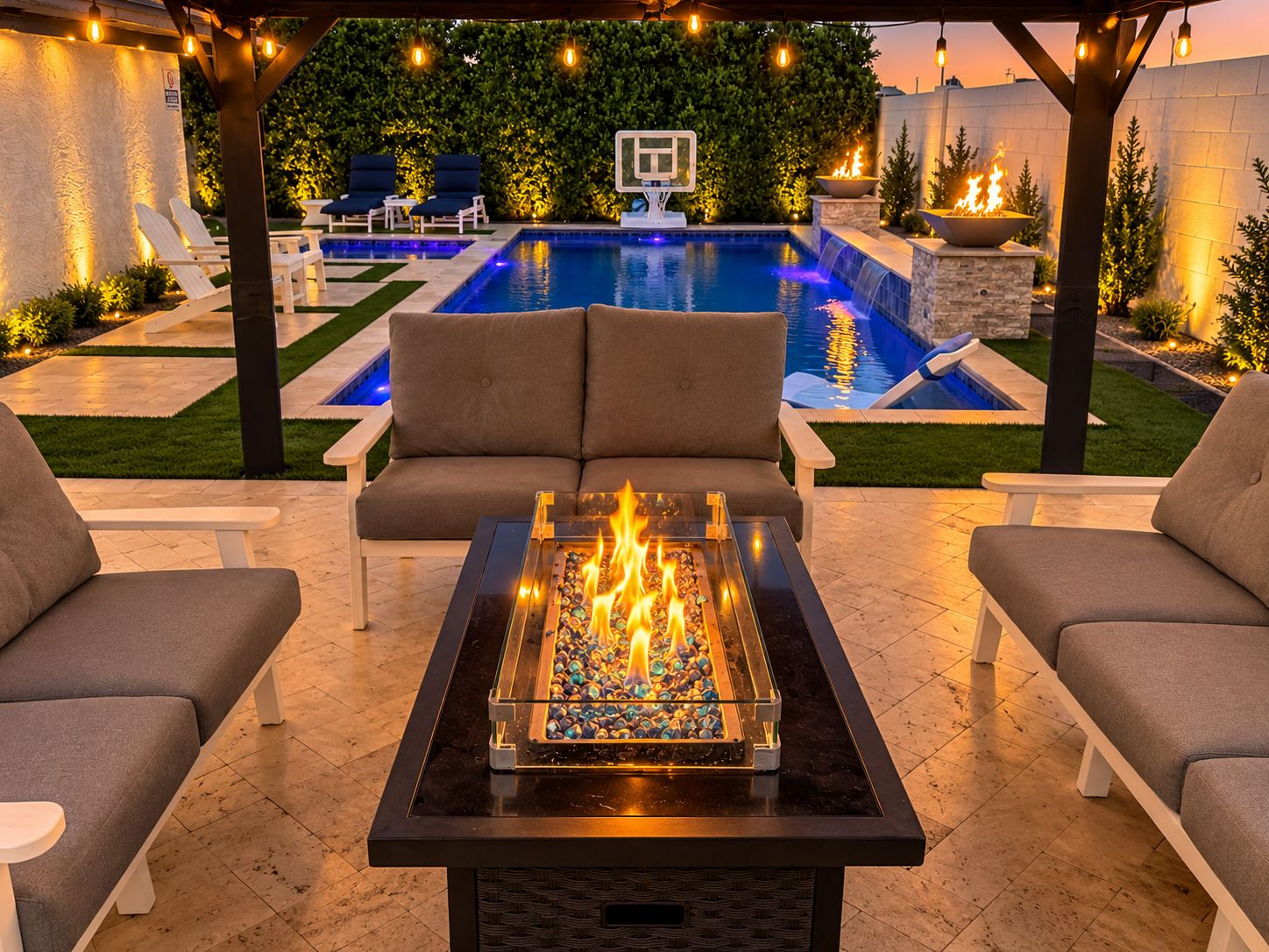 An outdoor patio with a fire feature, seating, and a pool.