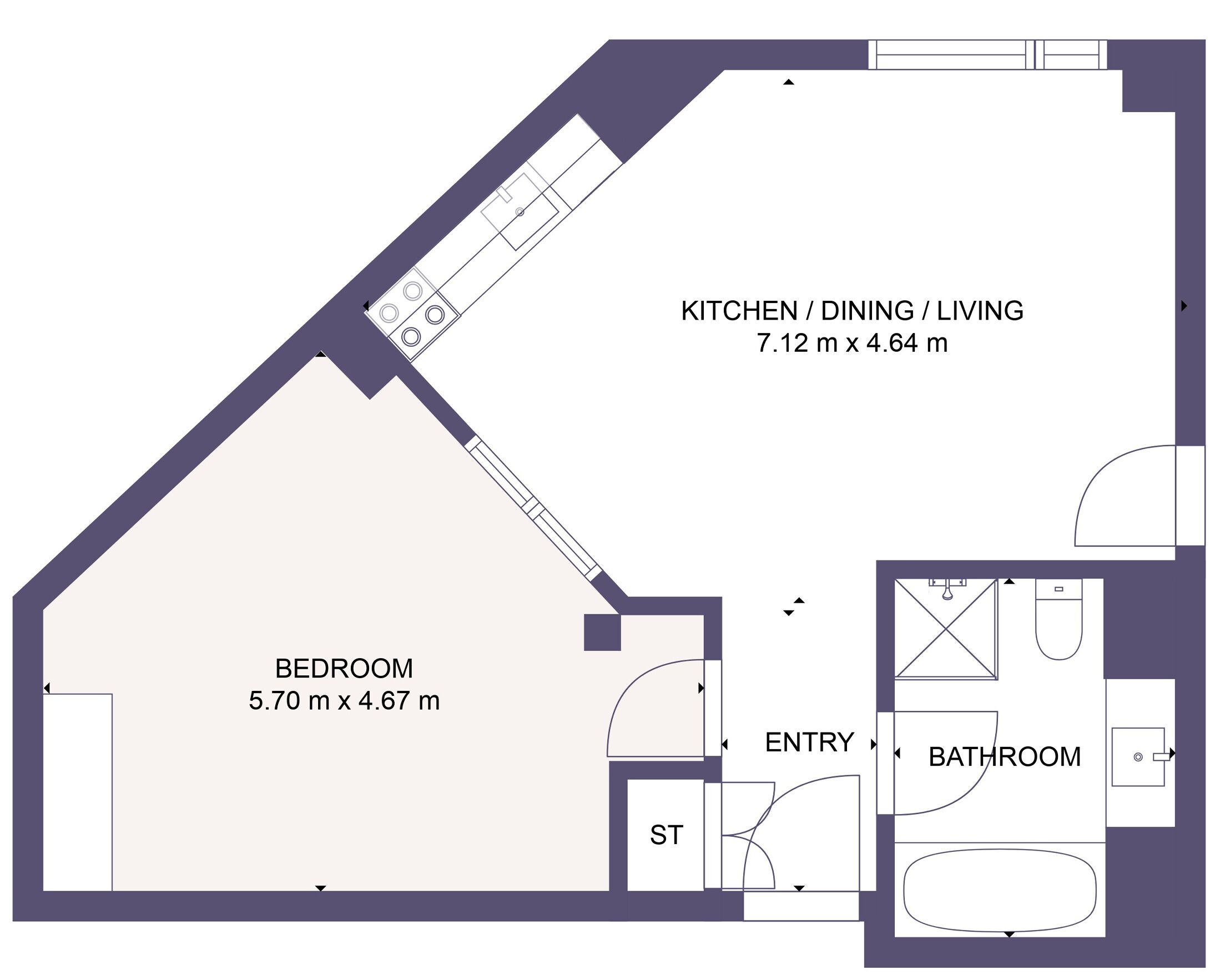 Plan d’étage d’une maison comprenant une chambre de 5,70 m x 4,67 m, une cuisine/salle à manger/salon de 7,12 m x 4,64 m et une salle de bain.