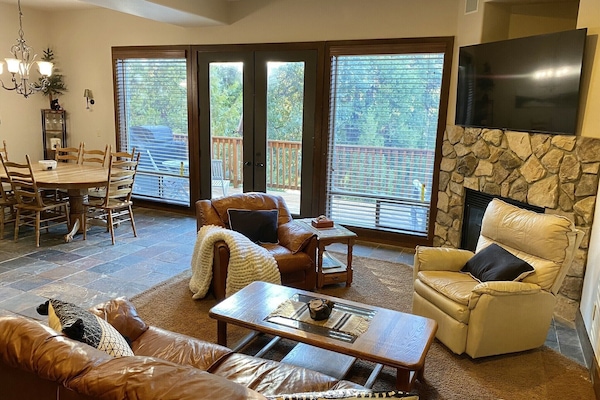 Smart TV, lareira, DVD player, livros