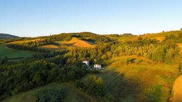 A rural landscape with rolling hills, a small white house surrounded by dense trees, and a clear sky.