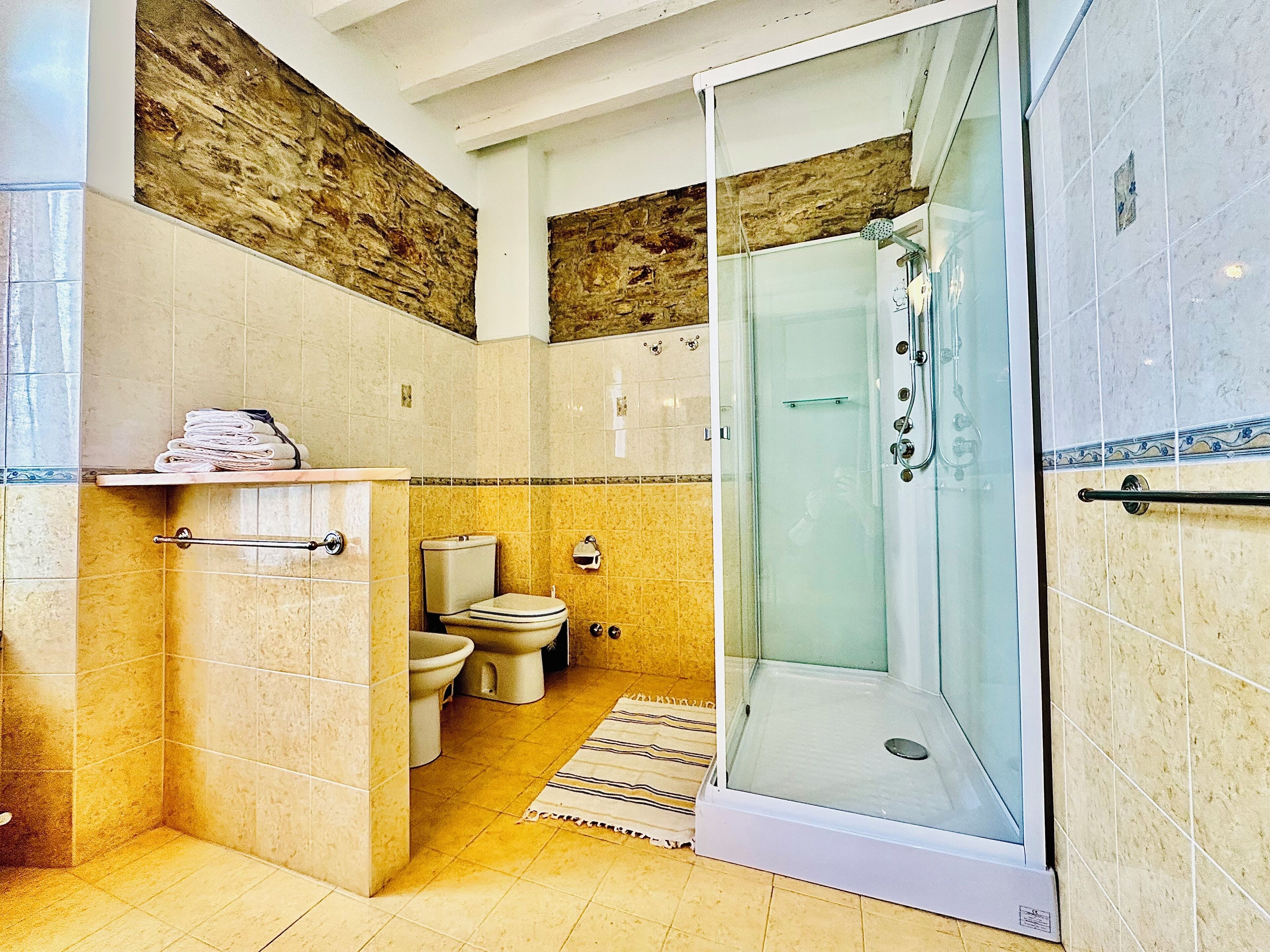 A bathroom with a glass shower enclosure, a toilet, and a sink with a towel rack.