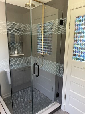Combined shower/tub, hair dryer, towels, soap