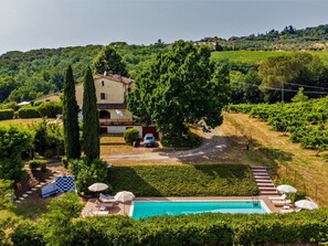 Une villa avec piscine, entourée d’une végétation luxuriante et de vignobles.