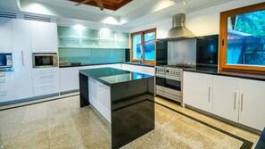 A modern kitchen with a central island, stainless steel appliances, and a view of a tropical landscape through a window.