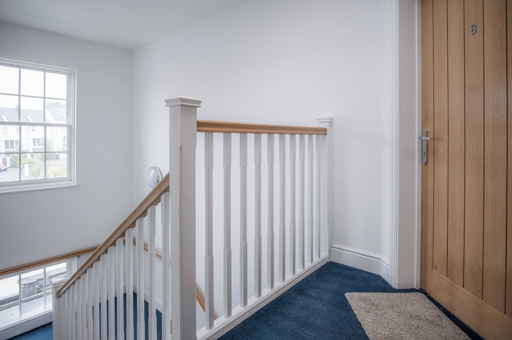 A staircase with white railings and a wooden handrail, leading to a door with a wooden panel.