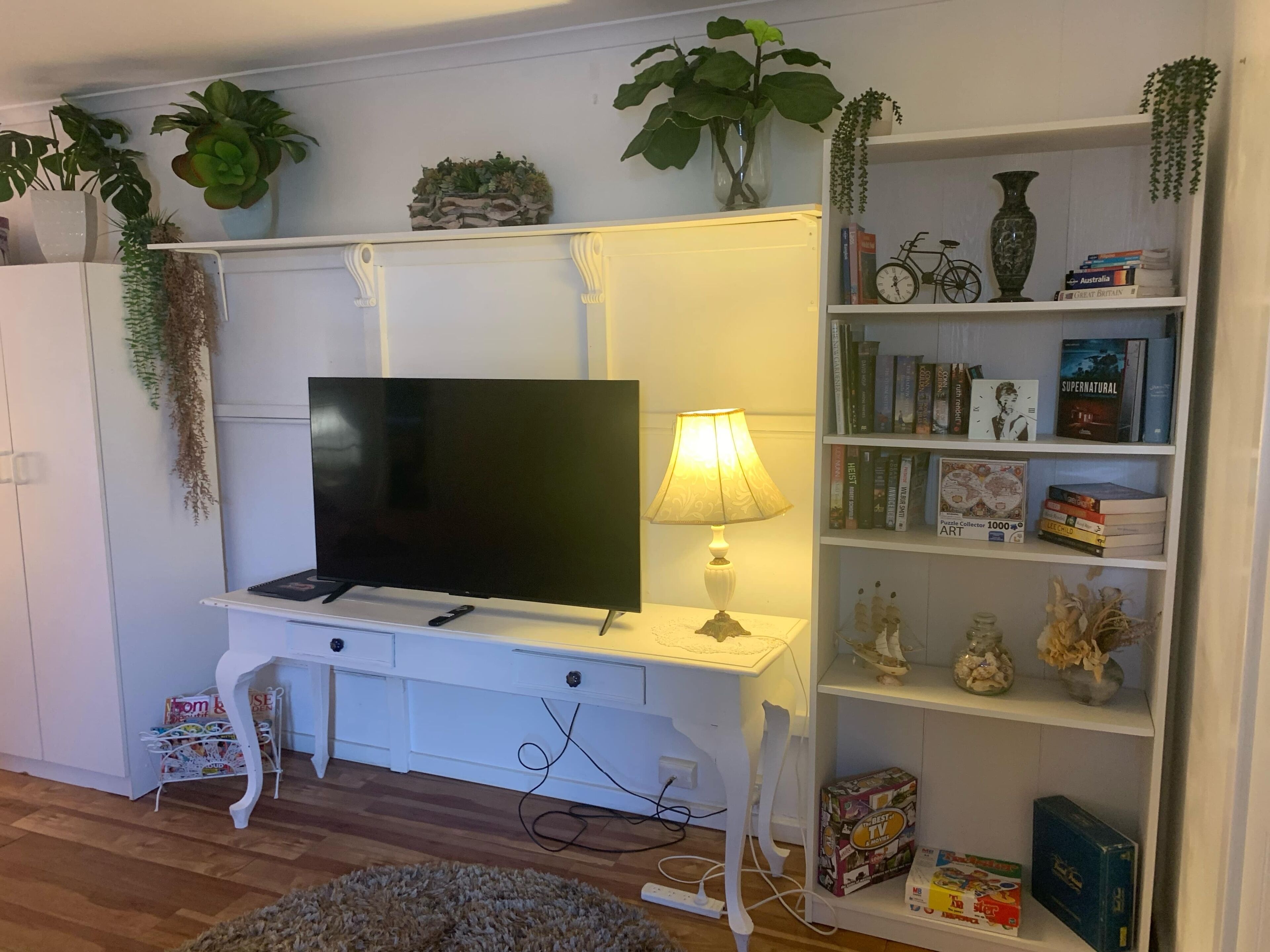 A living room with a white TV stand, a lamp, a bookshelf, and various plants.