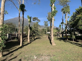 Un paisaje rural con árboles altos, cielo despejado y montañas a la distancia.