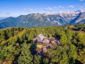A mountain cabin surrounded by dense forest and snow-capped peaks. - Chalet Gorenjka - Velika Planina (Kamnik)