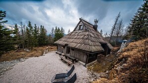 A rustic cabin with a sloped roof, surrounded by a gravel driveway and wooden benches. - Chalet Pehta - Velika Planina (Kamnik)