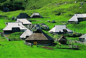 A rural landscape with several wooden farm buildings surrounded by fences. - Chalet Pehta - Velika Planina (Kamnik)