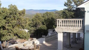 A balcony with a view of a mountainous landscape, surrounded by trees.