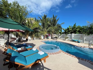 A pool area with lounge chairs, a hot tub, and palm trees. - Luxury Oceanview Pool Eco-friendly Villa Near Key West (Summerland Key)
