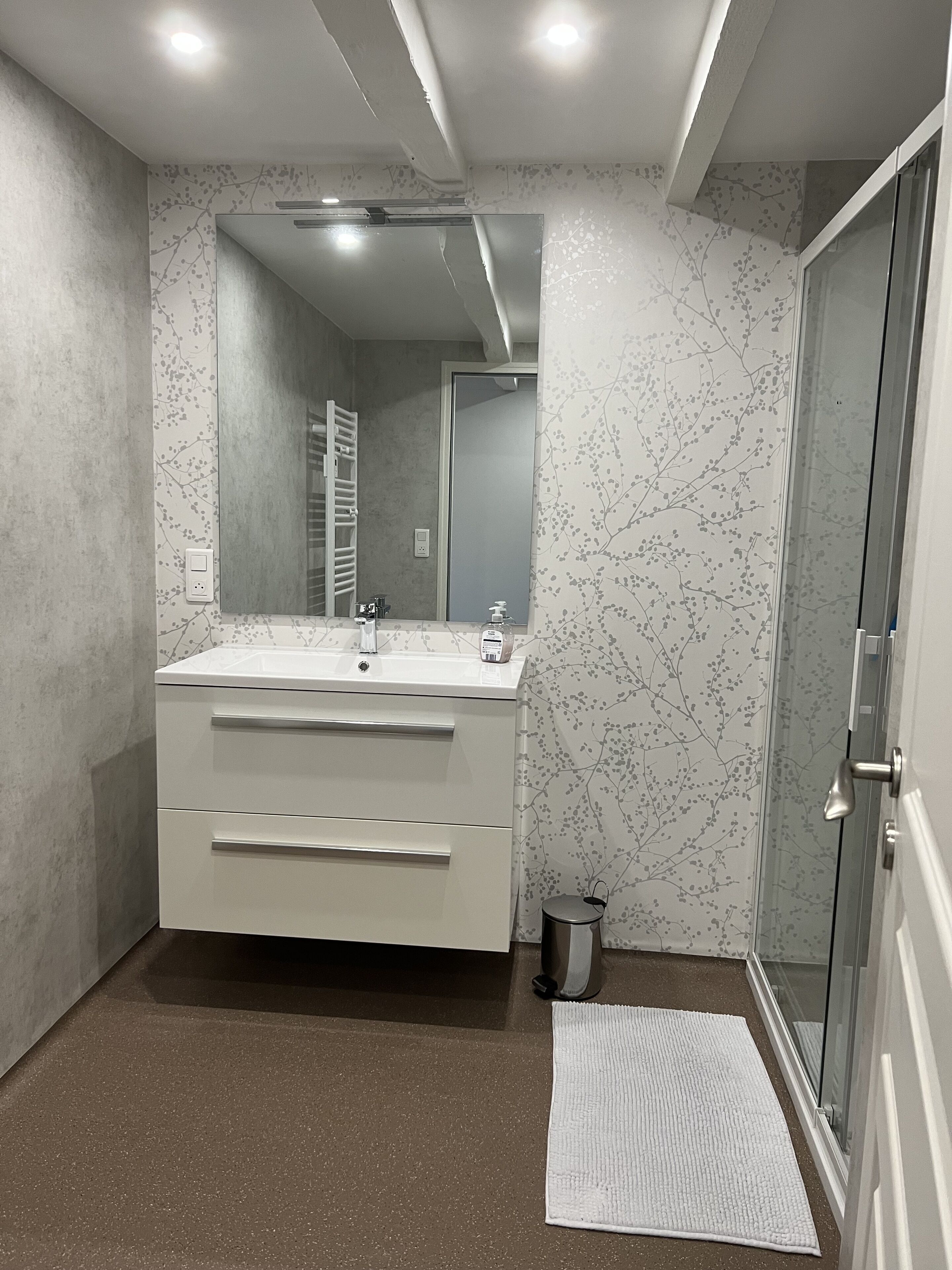 Shower, towels, soap, toilet paper