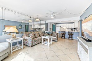Comfort Condo, 2 Bedrooms, Ocean View, Beachfront | Living room | 55-inch Smart TV with cable channels, TV - Aqua Villa 302 (Fort Walton Beach)