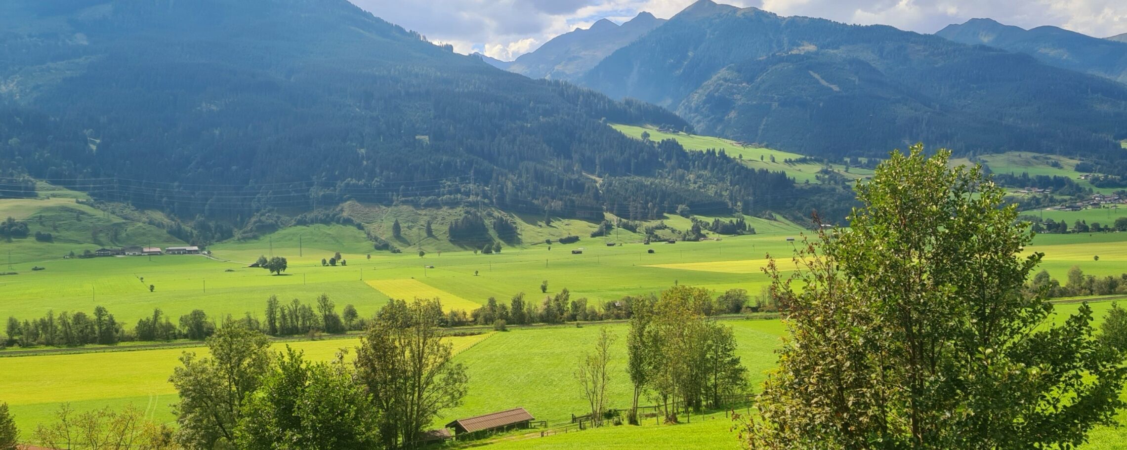 A rural landscape with green fields, a few scattered buildings, and mountains in the background.