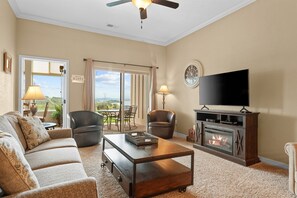 TV, fireplace, books, streaming services