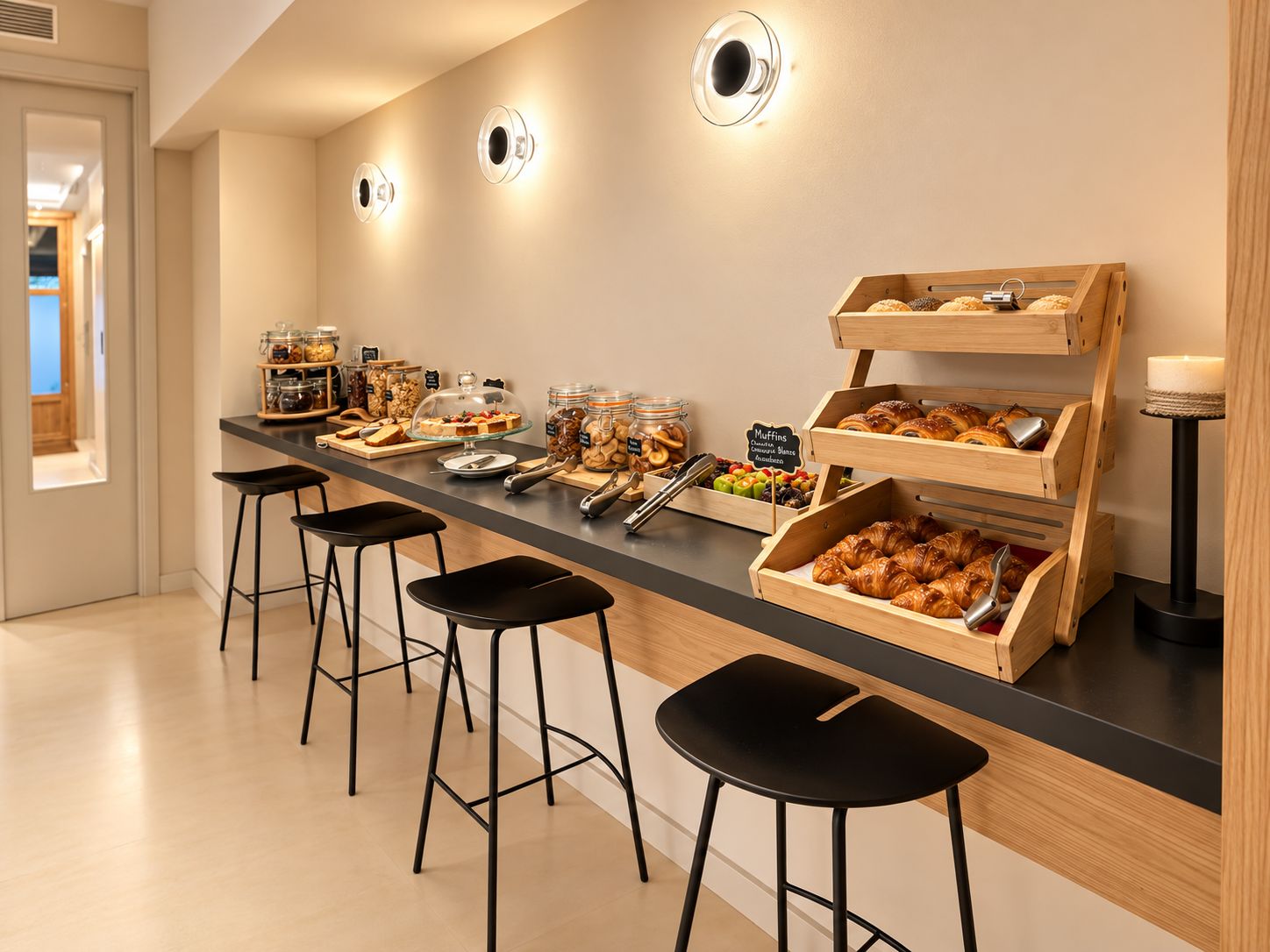 A breakfast bar with various food items and a sign indicating muffins.