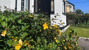 Ein weißes Gebäude mit schwarzem Eingang und Fenstern, umgeben von grünem Laub und gelben Blüten.