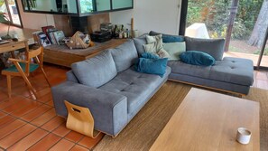 Smart TV, chimenea, libros y biblioteca musical 