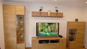 A modern living room with a wooden cabinet, a TV on a stand, and a shelf with decorative items. - 4-star vacation apartment "Sommerberg" incl. Schwarzatal guest card  (Rohrbach)