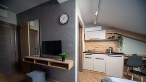 Een modern appartement met een televisie, kitchenette en een zithoekje.